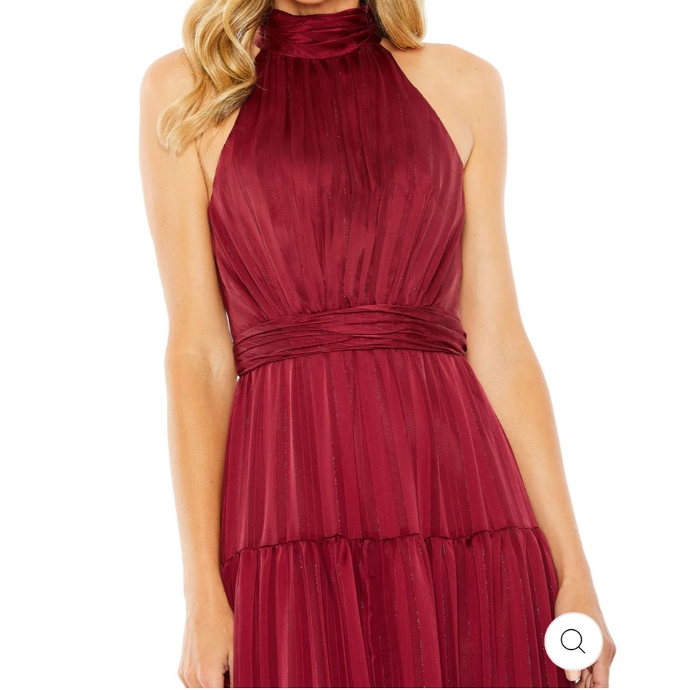 NWOT Mac Duggal burgundy tiered halter gown - Picture 2 of 16
